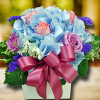 Blue Hydrangea & 8 Roses Small Arrangement