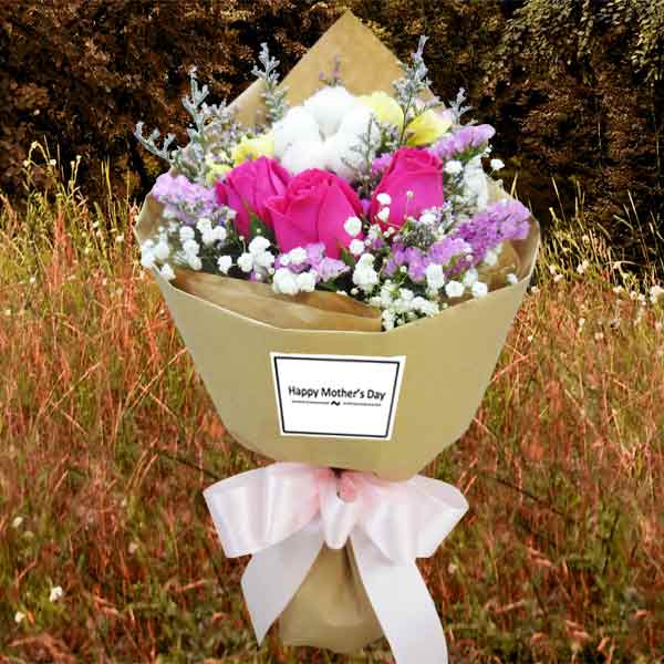 Cotton Flower, 3 Carnations & 3 Roses Small Bouquet